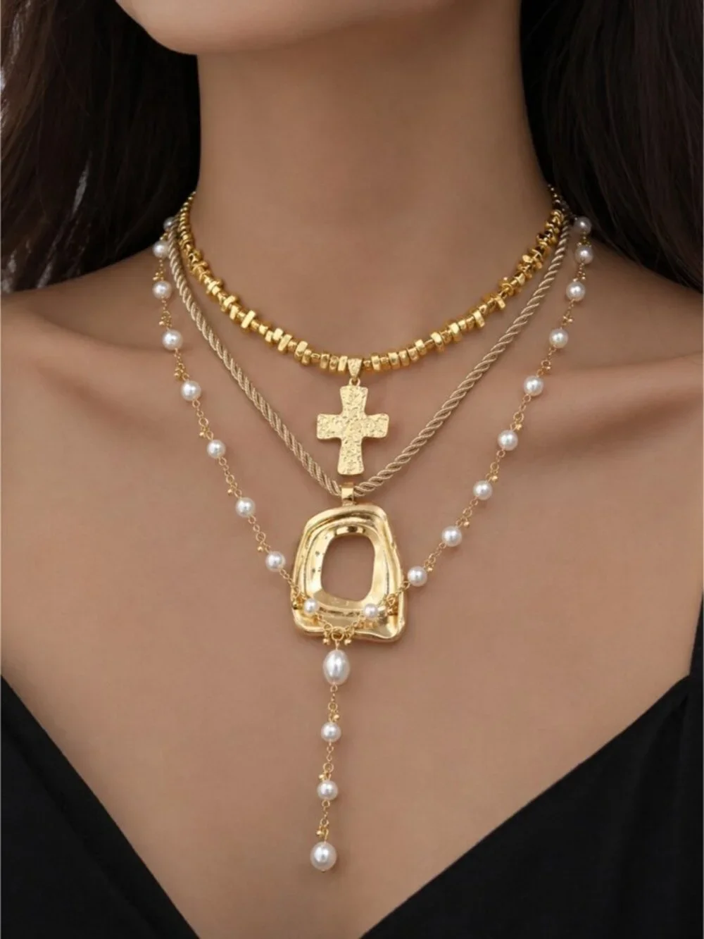 Gold-Tone Layered Necklace with White Pearls